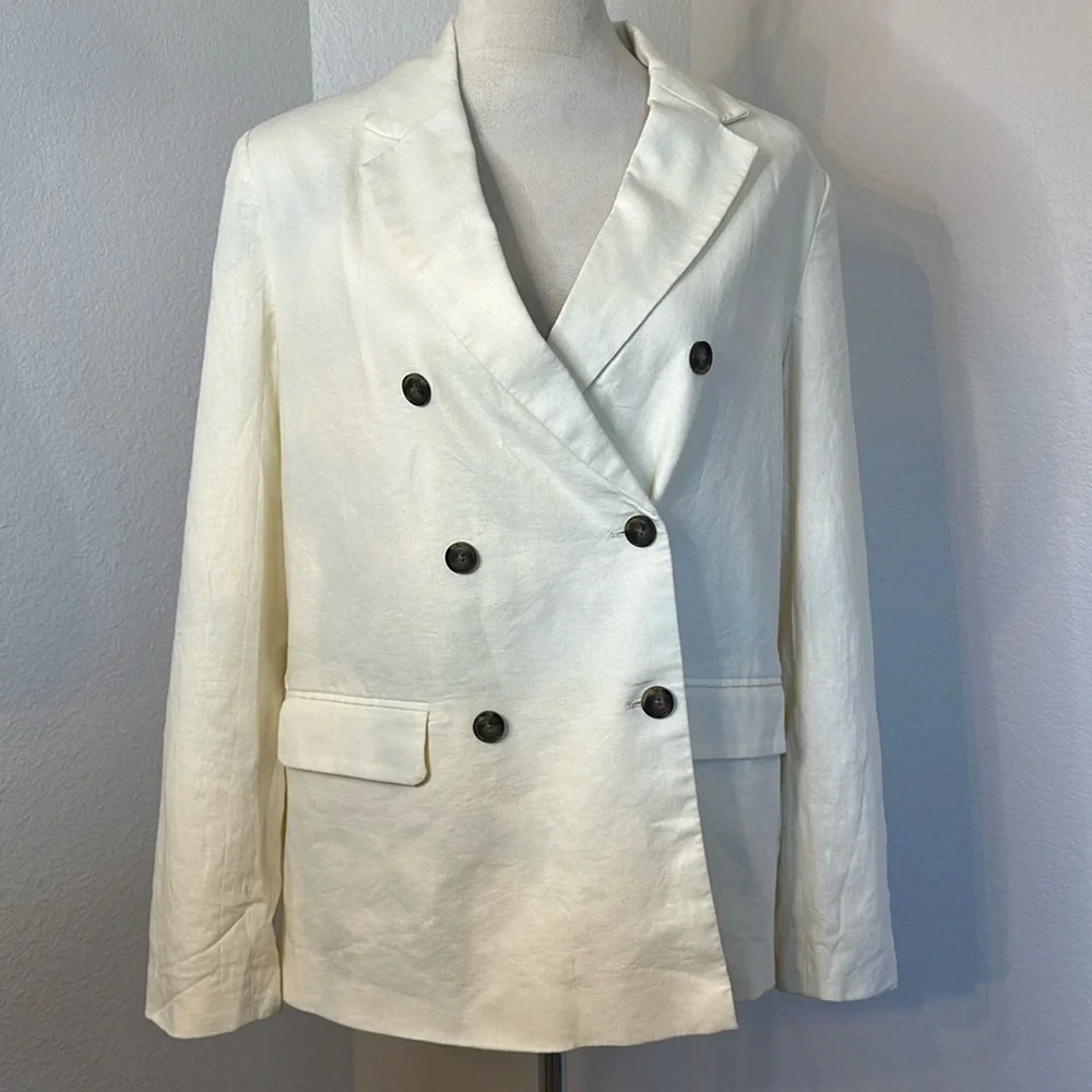 Who What Wear Ivory Double Breasted Linen Blazer Size Large NWOT - Picture 3 of 11